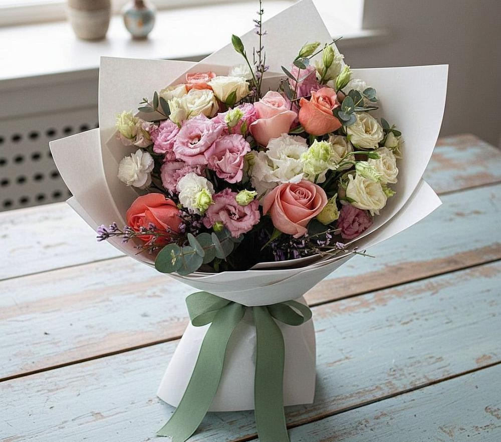 Букет цветов из: Розы, Лизиантусы и Гвоздики в Выборге