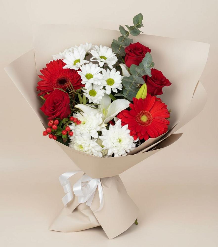 Букет цветов из: Розы, Хризантемы, Герберы и Лилии в Выборге