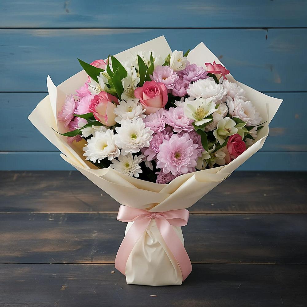 Букет цветов из: Хризантемы, Альстромерии и Розы в Выборге